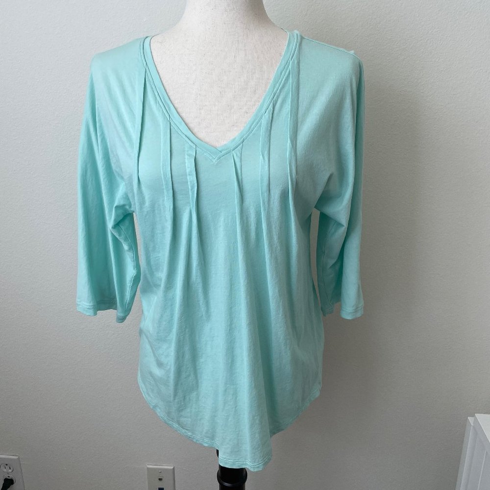 Sundance Mint Cotton Pleated Knit V Neck Light Top Tab Sleeve